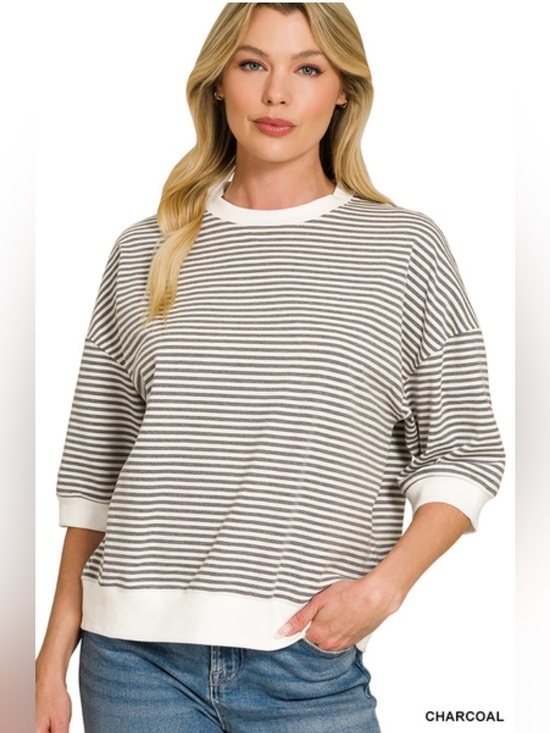 Zenana Outfitters Tops - Zenana Charcoal Striped Contrast Trim Rib Banded Top